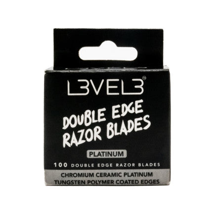 L3VEL3 double edge razor blades in a 100-pack, showcasing sharp, stainless steel blades for smooth shaving.