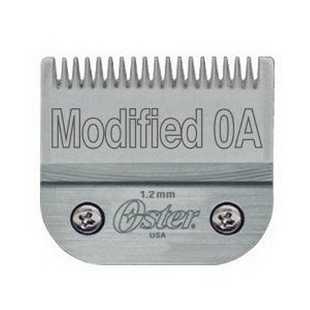 Oster detachable clipper blades, size 00000, showing sharp metal cutting edges and adjustable attachment for grooming clippers.