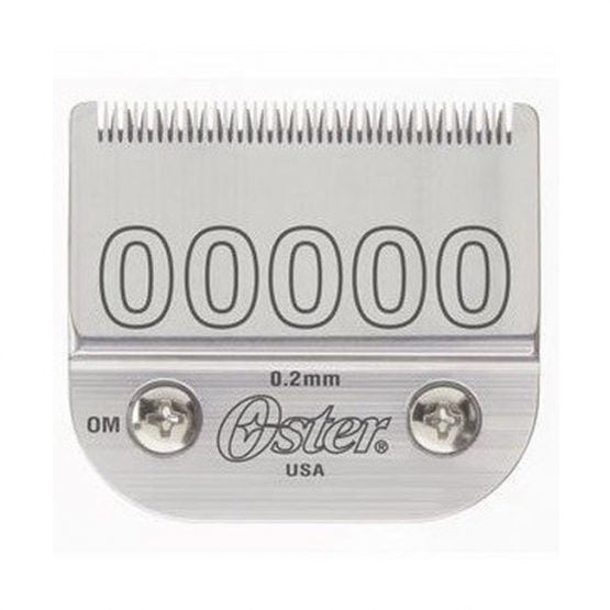 Oster detachable clipper blades in size 00000, showing shiny stainless steel blades with adjustable cutting lengths.