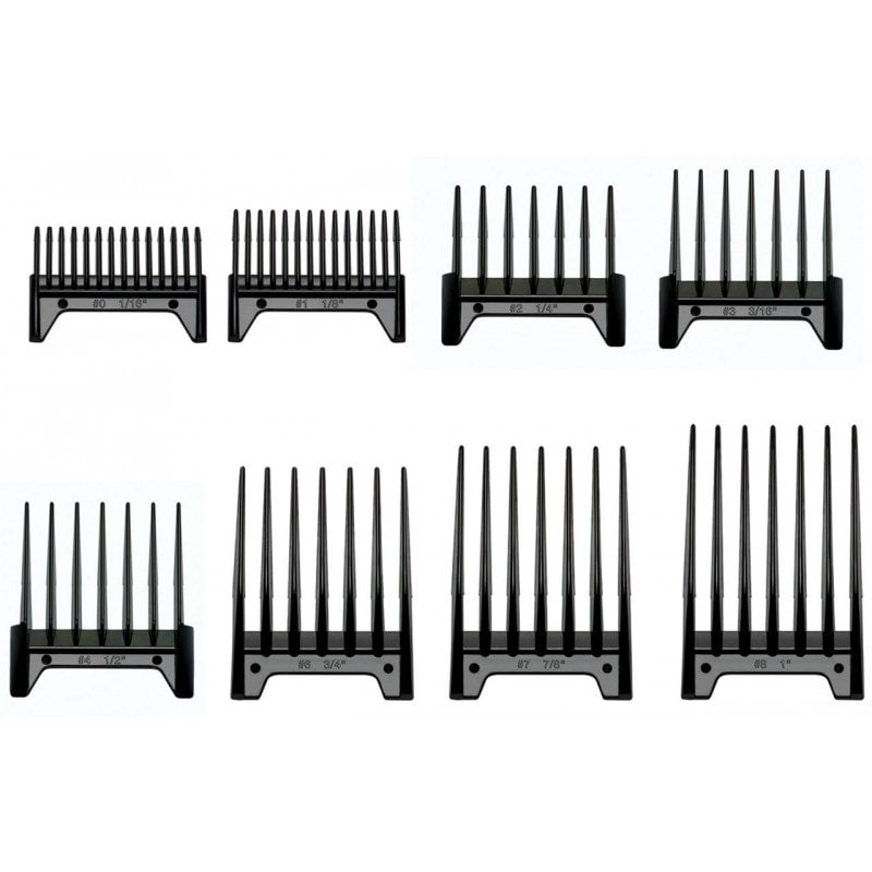 Oster 8-piece comb attachment set for fast feed clipper and trimmer, with various guard sizes for grooming and trimming.