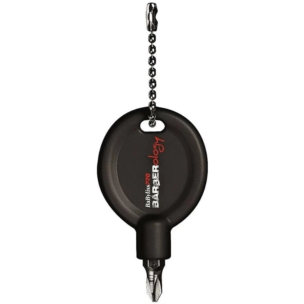 Babyliss Pro Barberology clipper and trimmer screwdriver accessory, close-up of brand logo and tool in hand.