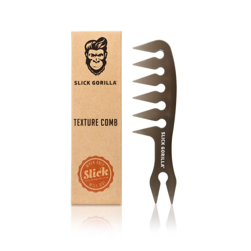 Slick Gorilla Texture Comb showing black plastic comb with textured grip, designed for easy styling and detangling hair.