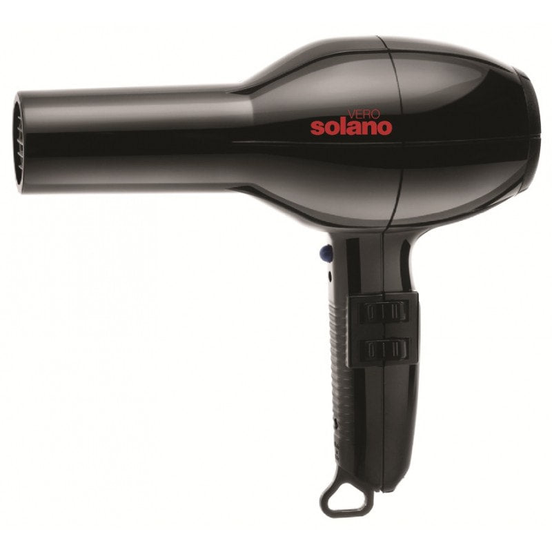 Solano Vero Dryer hair dryer with sleek black design and multiple heat and speed settings for professional styling.
