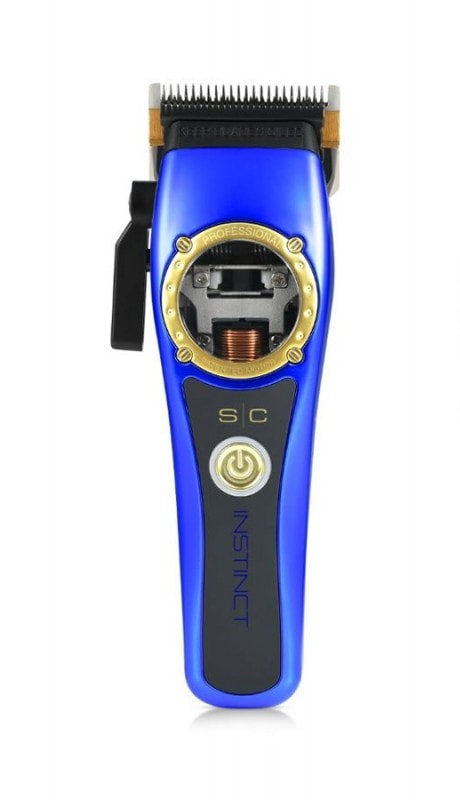 StyleCraft Instinct Clipper showing sleek black handle and stainless steel blades for professional grooming.