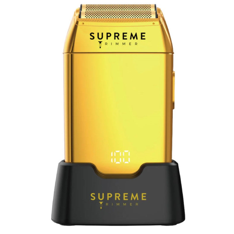 Supreme Trimmer Supreme Crunch Shaver in gold, electric shaver with sleek design for smooth grooming and shaving.