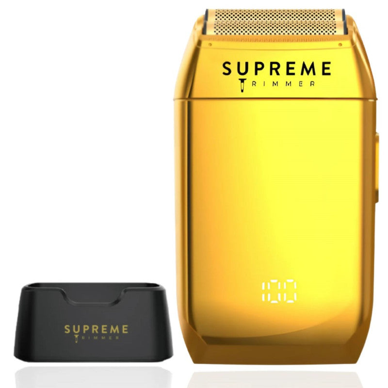 Supreme Trimmer Supreme Crunch Shaver in gold, a sleek electric shaver with a modern design for precise grooming.