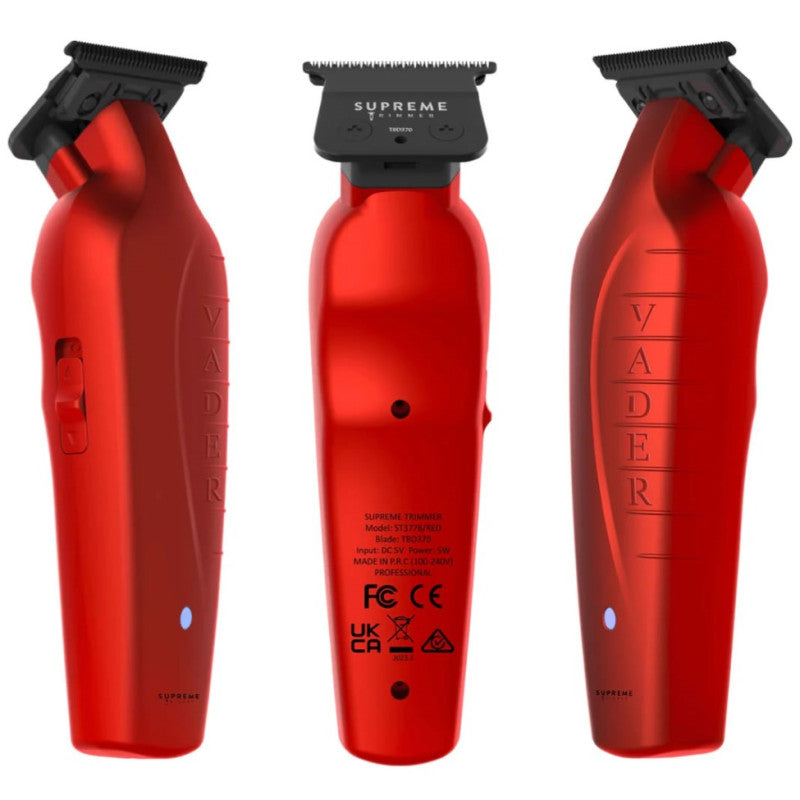 Supreme Trimmer Vader Red electric hair trimmer with sleek design and adjustable blades, ideal for grooming and trimming hair.