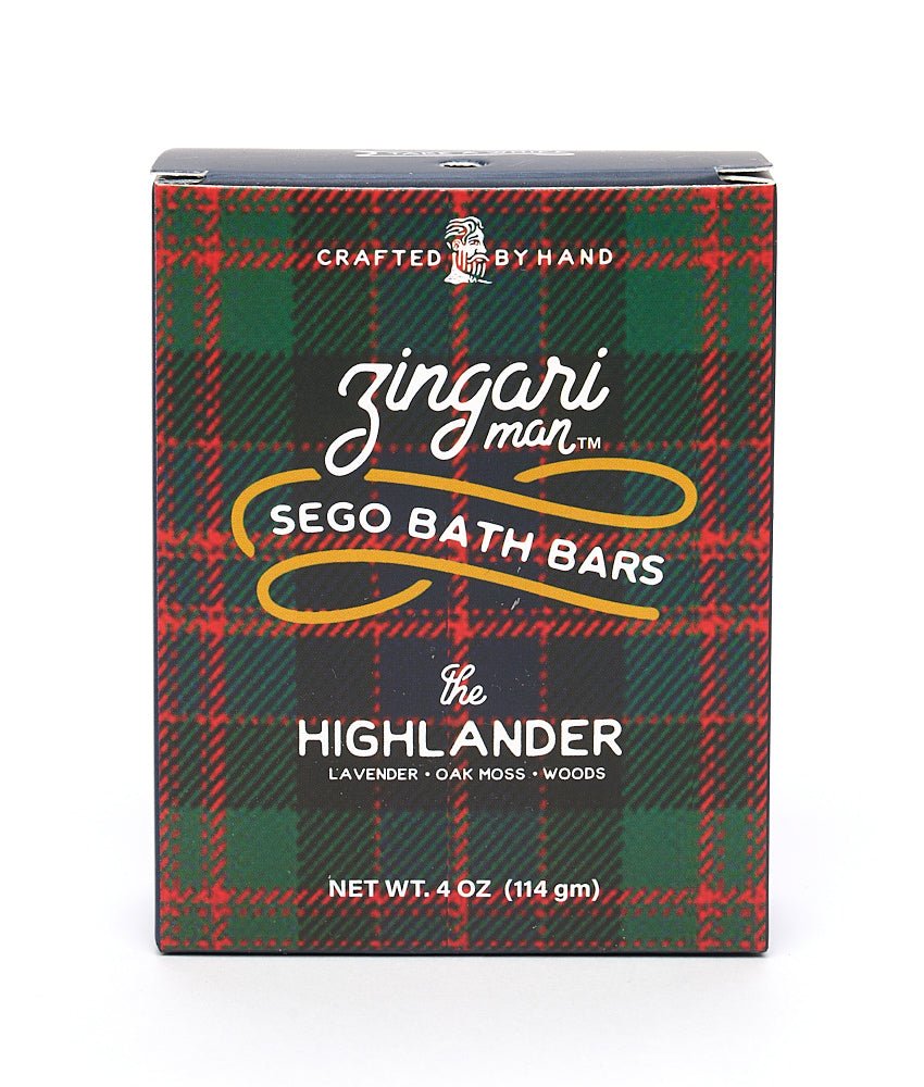 Zingari Man The Highlander Bath Bar shampoo and conditioner bar with black packaging and natural ingredients.