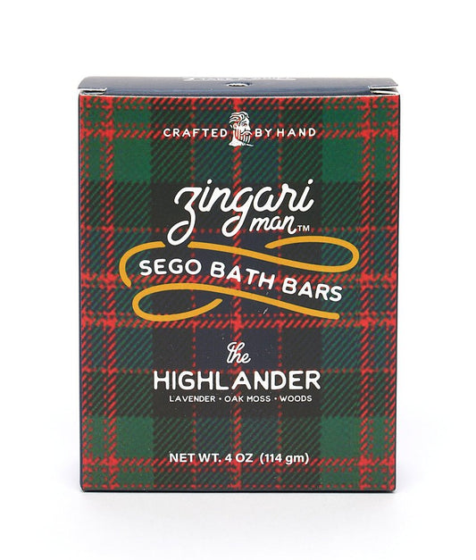 Zingari Man The Highlander Bath Bar shampoo and conditioner bar with black packaging and natural ingredients.