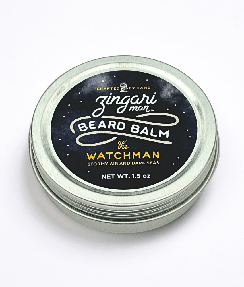 Zingari Man The Watchman beard balm in a jar, with a natural finish, designed to condition and style men's beard hair.