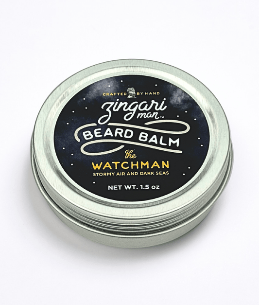 Zingari Man The Watchman beard balm in a jar, with a natural finish, designed to condition and style men's beard hair.
