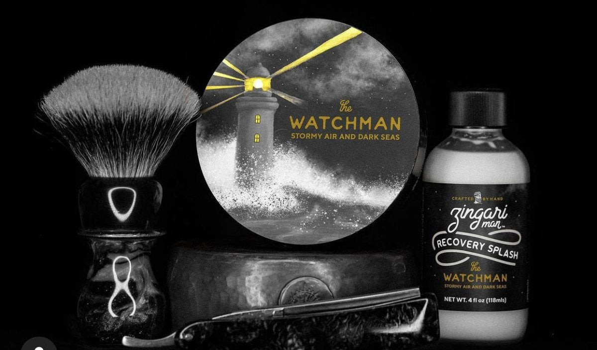 Zingari Man The Watchman shave soap in a jar, showing creamy lather and label, designed for a smooth shave.