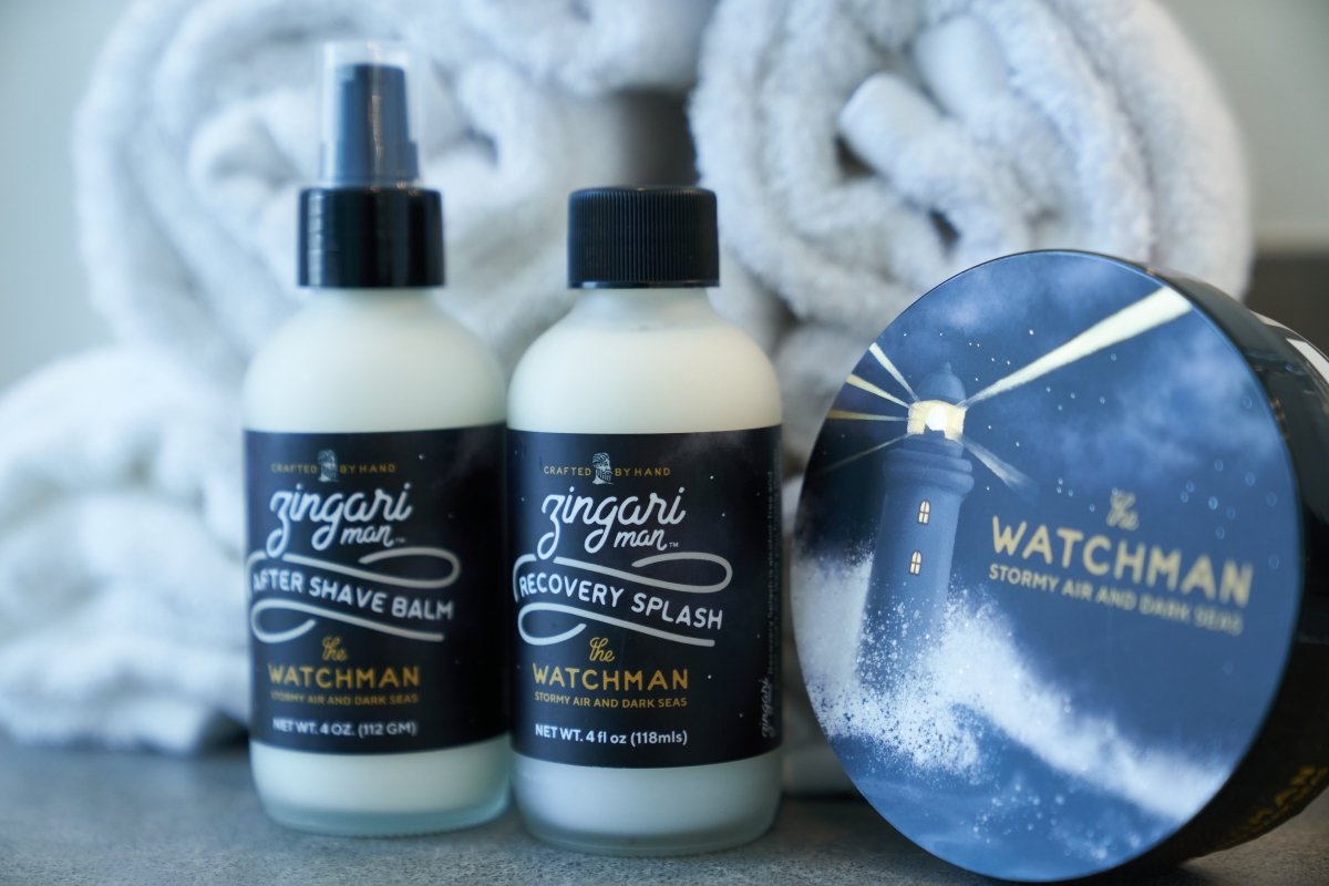 Zingari Man The Watchman shave soap in a jar, showing the textured gel surface and label with branding and product details.