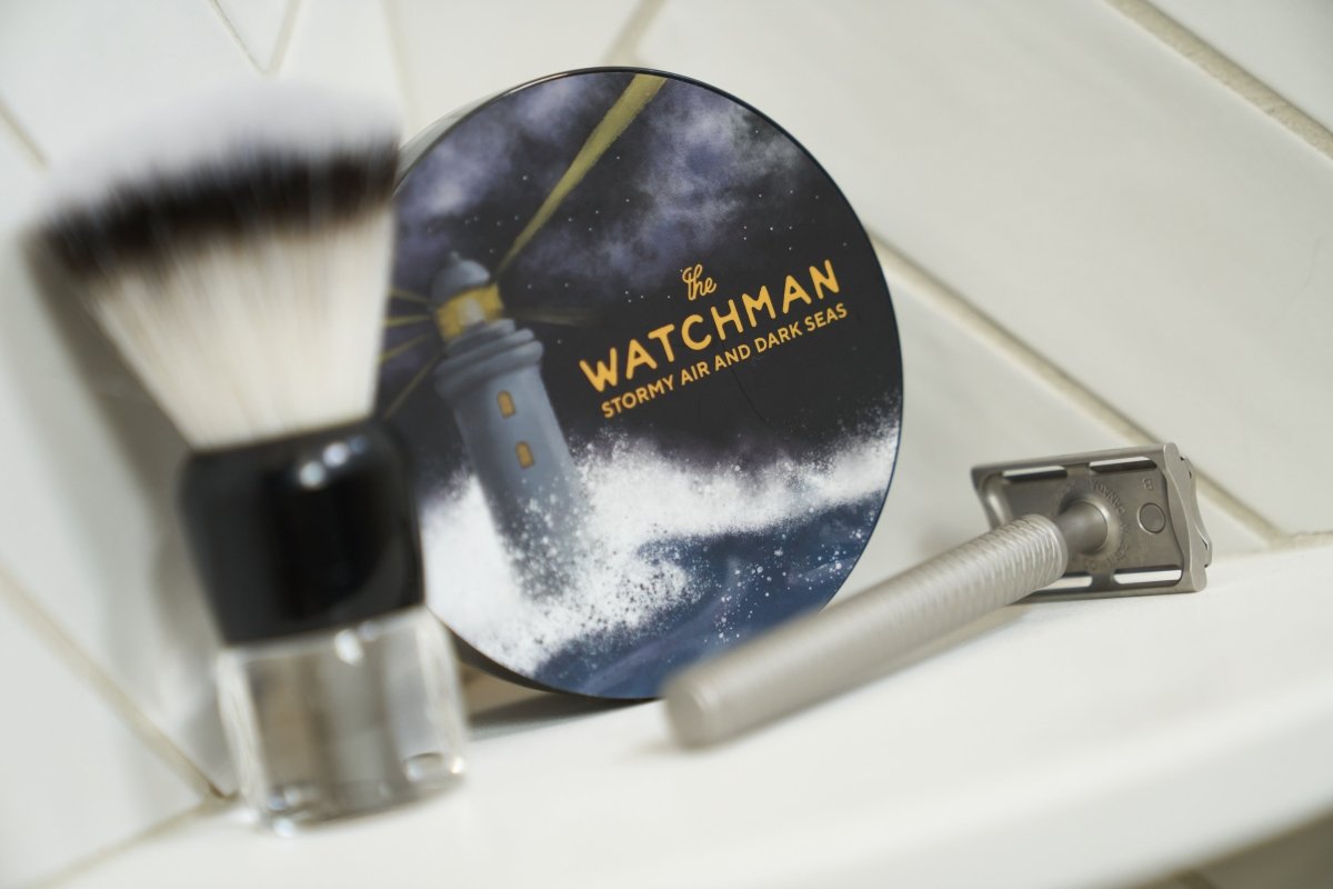 Zingari Man The Watchman shave soap in a jar, showing its creamy texture and label, designed for a smooth shaving experience.