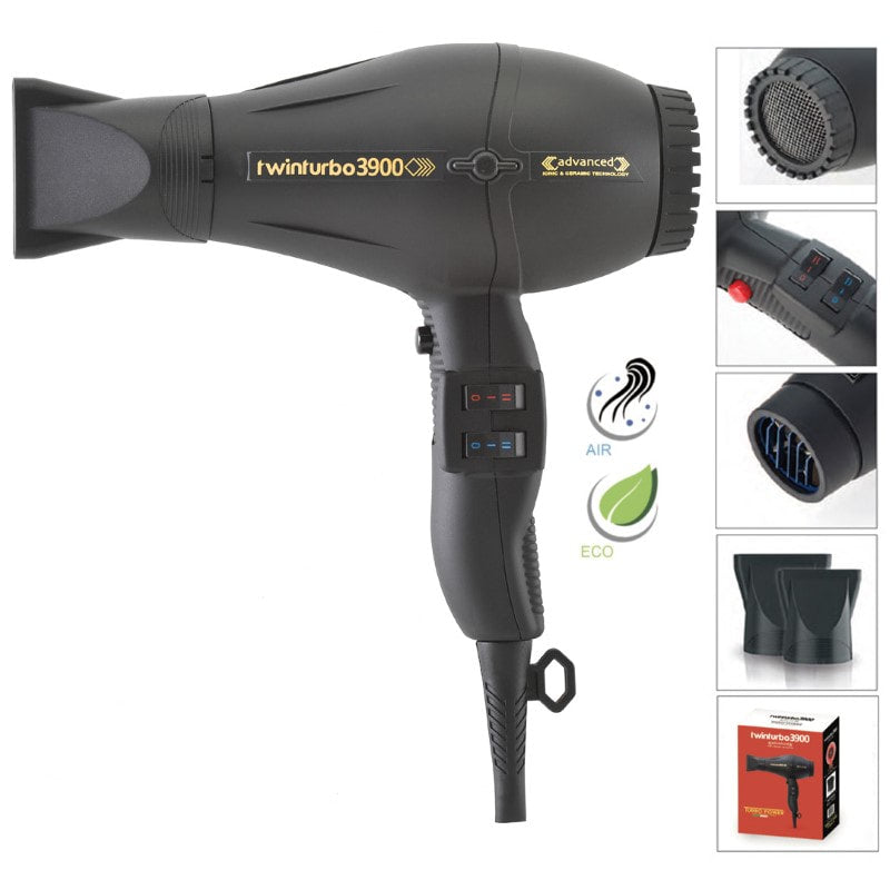 Turbo Power Twin Turbo 3900 Advanced Hair Dryer in black showing its sleek design and professional styling features.