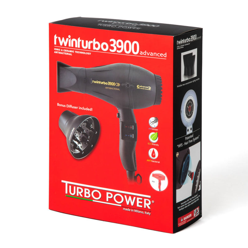 Black Turbo Power Twin Turbo 3900 Advanced Hair Dryer with sleek design and multiple heat and speed settings.